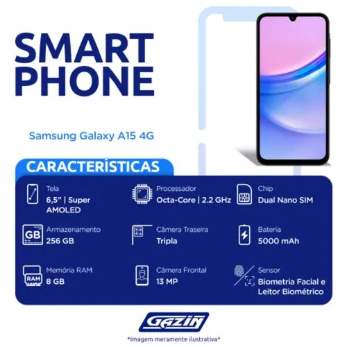 Smartphone Samsung Galaxy A15 4G 256GB 8GB Ram Azul Escuro Câmera 50+5+2MP e Selfie 13MP Tela 6.5
