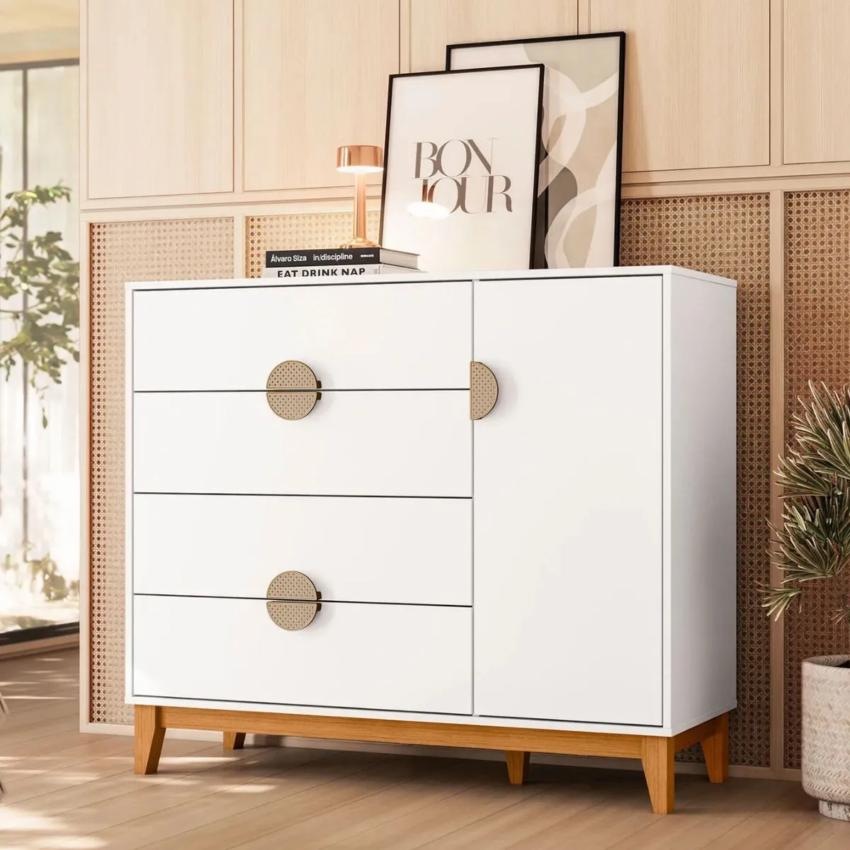 Cômoda Sapateira Ipê 1 Porta e 4 Gavetas Branco Fosco Liso - Albatroz