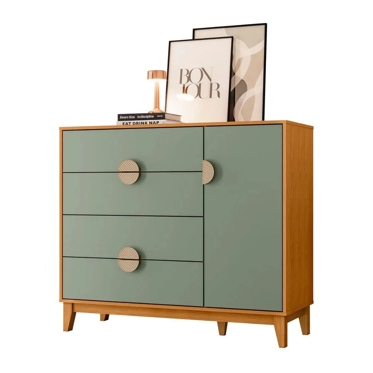 Cômoda Sapateira Ipê 1 Porta e 4 Gavetas Cinamomo/Sálvia - Albatroz