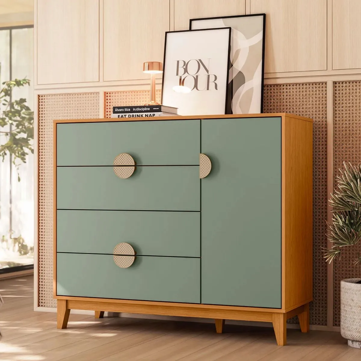 Cômoda Sapateira Ipê 1 Porta e 4 Gavetas Cinamomo/Sálvia - Albatroz