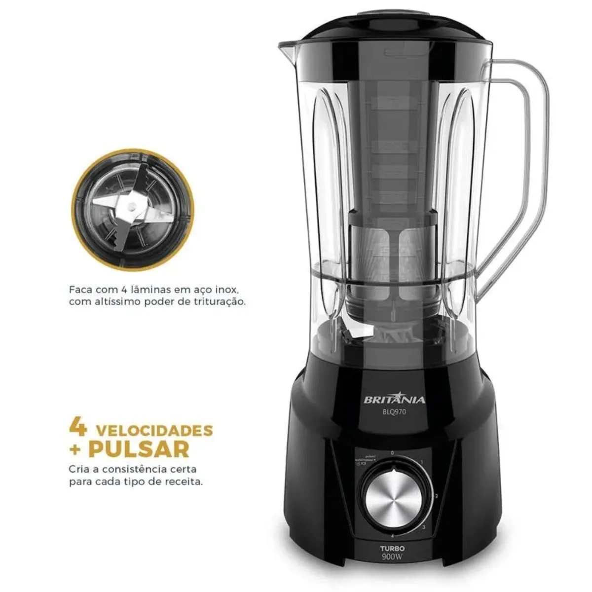 Liquidificador Britânia Turbo BLQ970P Preto 2,6 Litros 4 Velocidades Com Filtro 900W