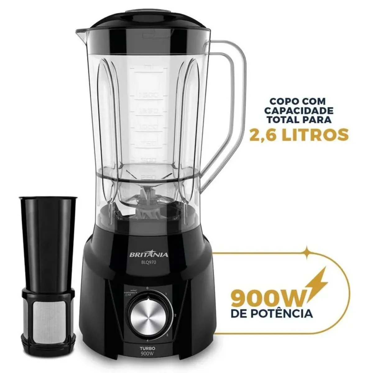 Liquidificador Britânia Turbo BLQ970P Preto 2,6 Litros 4 Velocidades Com Filtro 900W