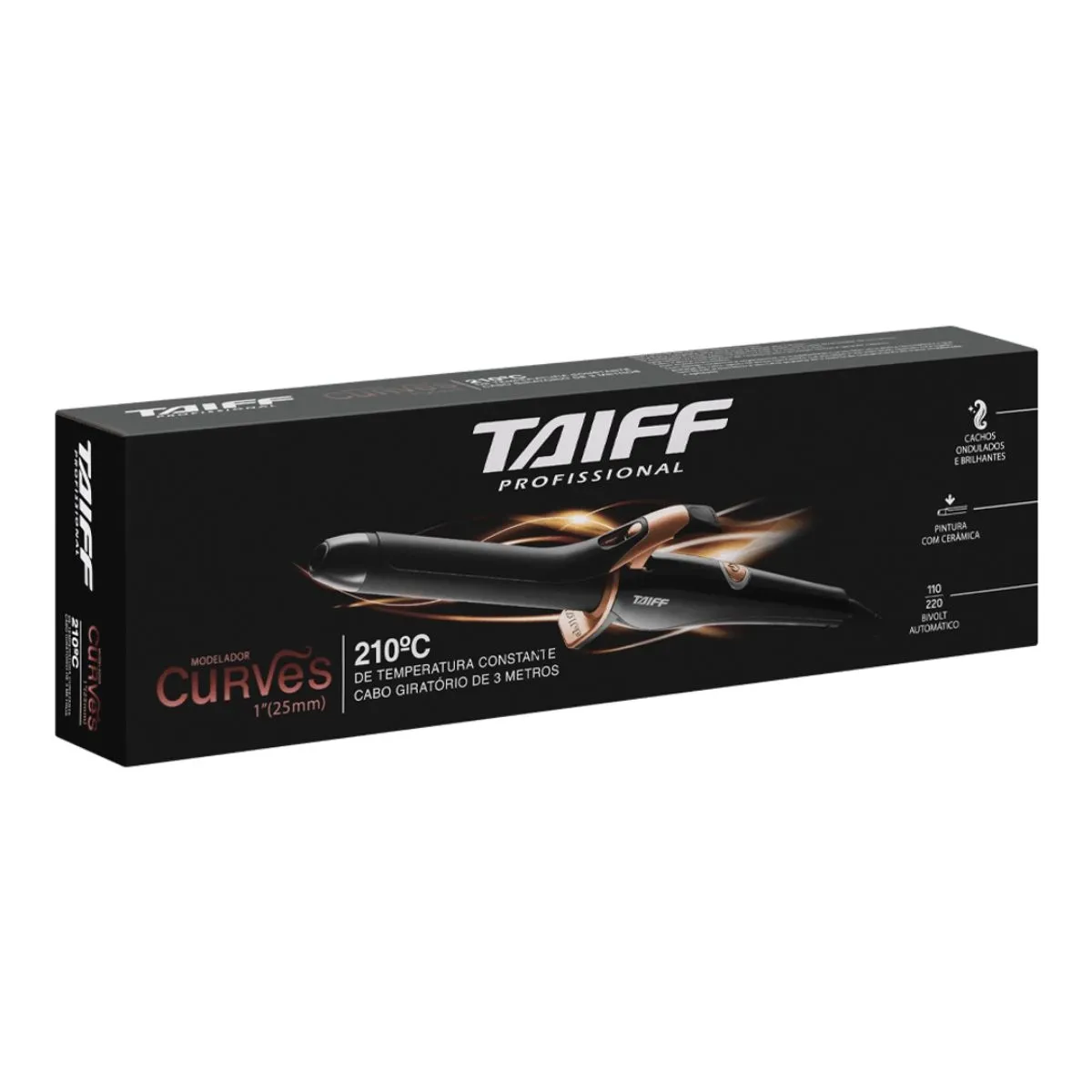 Modelador de Cachos Taiff Curves 2,5 cm Com Cabo Giratório Preto 210 Graus Bivolt