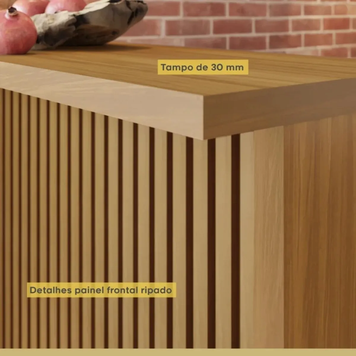 Painel de Ilha Ripado Bancada para Cozinha Nesher 200 CM 100% MDF Freijó