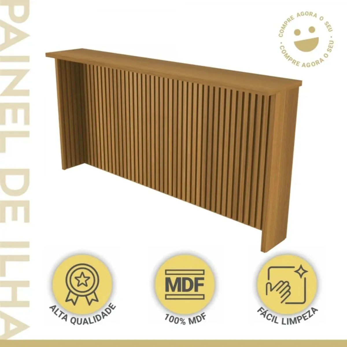 Painel de Ilha Ripado Bancada para Cozinha Nesher 200 CM 100% MDF Freijó