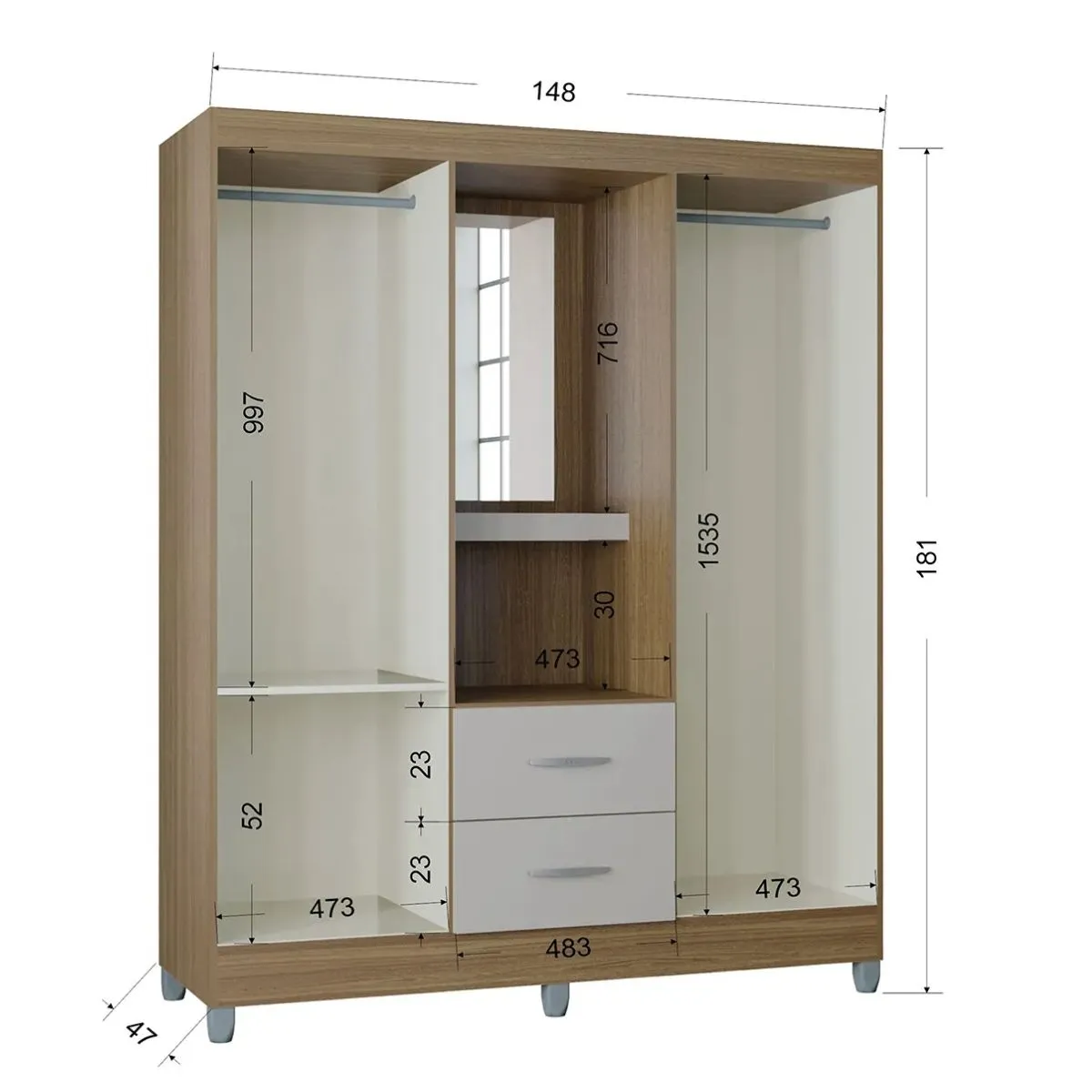 Guarda-Roupa Casal Cordoba Capelinha 4 Portas 2 Gavetas e Espelho Damasco/Off White Poquema