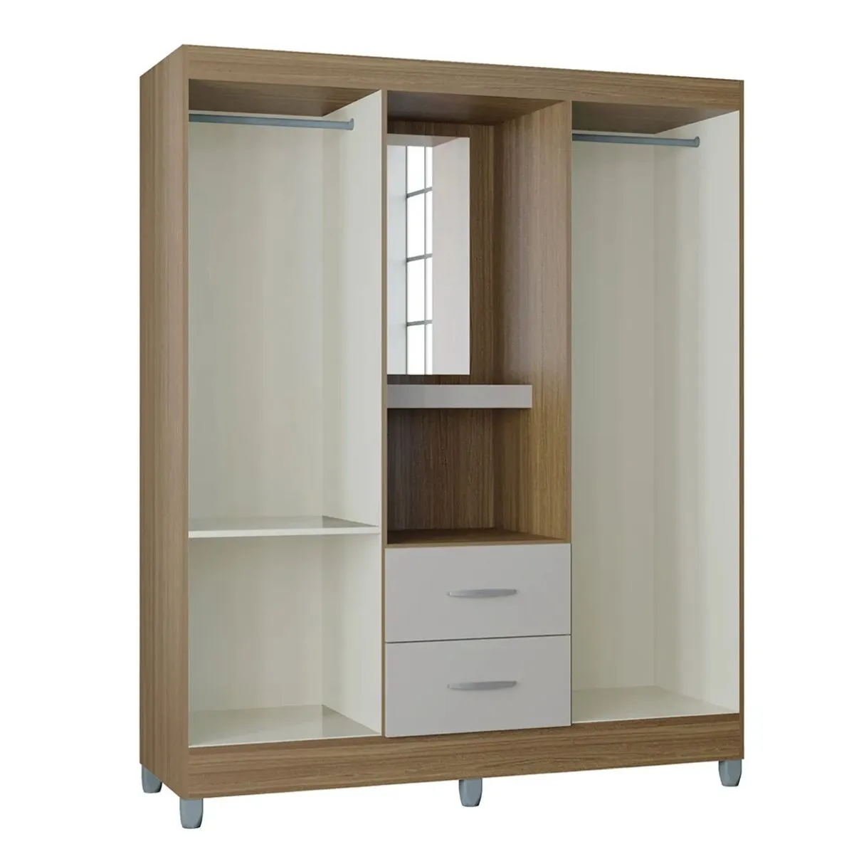 Guarda-Roupa Casal Cordoba Capelinha 4 Portas 2 Gavetas e Espelho Damasco/Off White Poquema