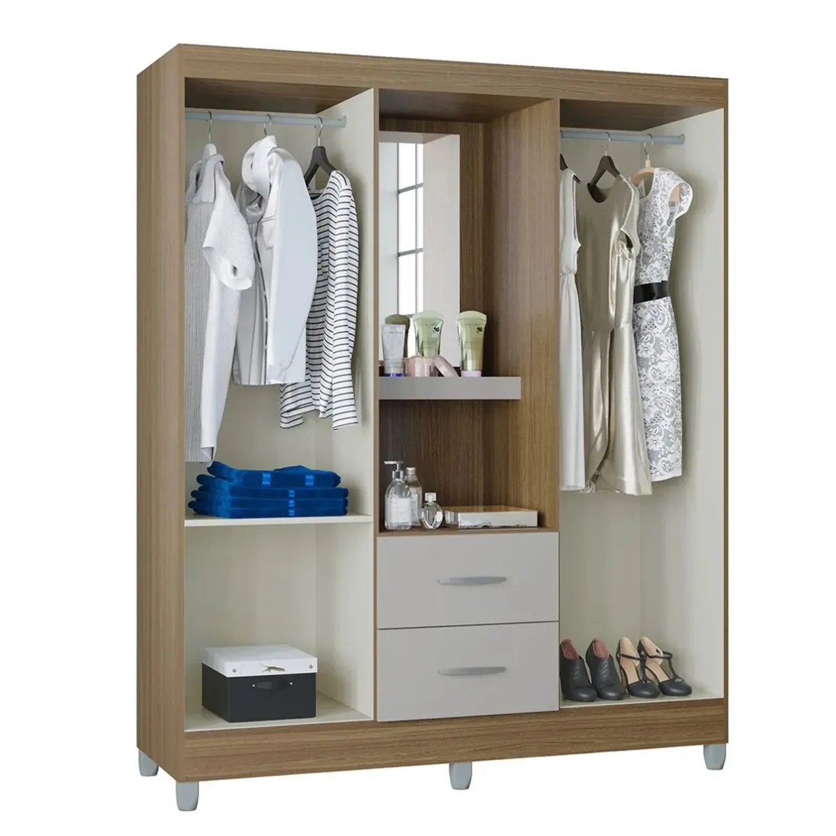 Guarda-Roupa Casal Cordoba Capelinha 4 Portas 2 Gavetas e Espelho Damasco/Off White Poquema