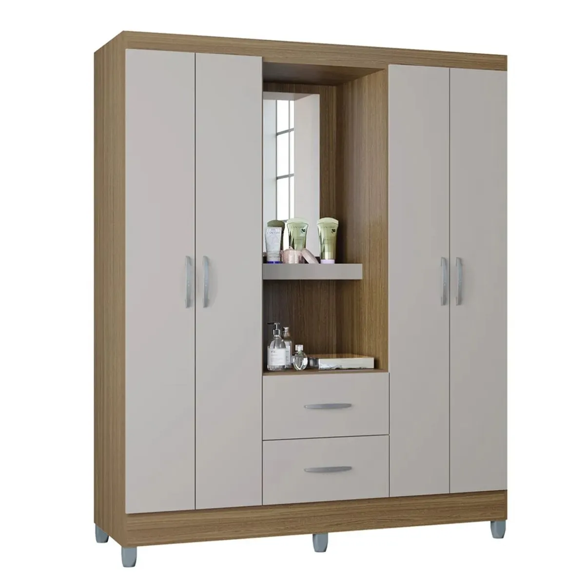 Guarda-Roupa Casal Cordoba Capelinha 4 Portas 2 Gavetas e Espelho Damasco/Off White Poquema