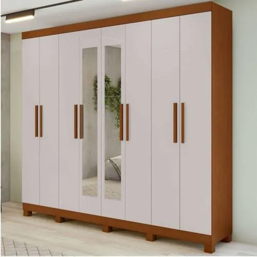 Guarda-Roupa Casal Andara Soft 08 Portas Com Espelho e Pés Amêndoa Clean/Off White Lopas