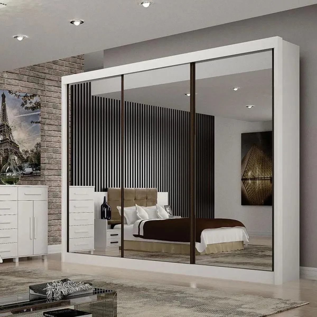 Guarda-Roupa Casal San Marino Gold 3 Portas 4 Gavetas Branco Com 3 Espelhos - Leifer