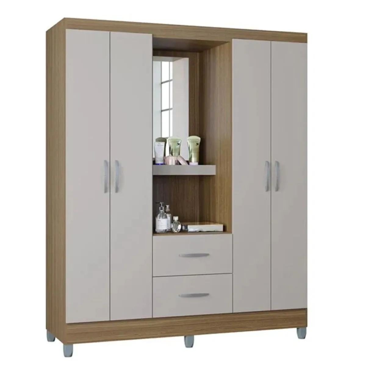 Guarda-Roupa Casal Cordoba Capelinha 4 Portas 2 Gavetas e Espelho Castanho/Off White Poquema