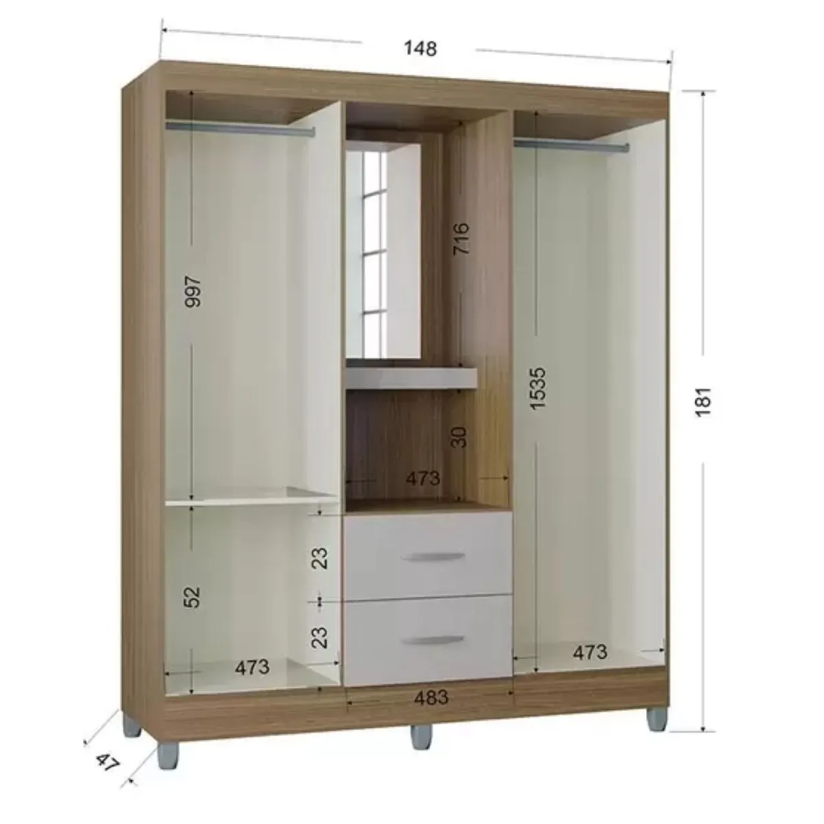 Guarda-Roupa Casal Cordoba Capelinha 4 Portas 2 Gavetas e Espelho Castanho/Off White Poquema