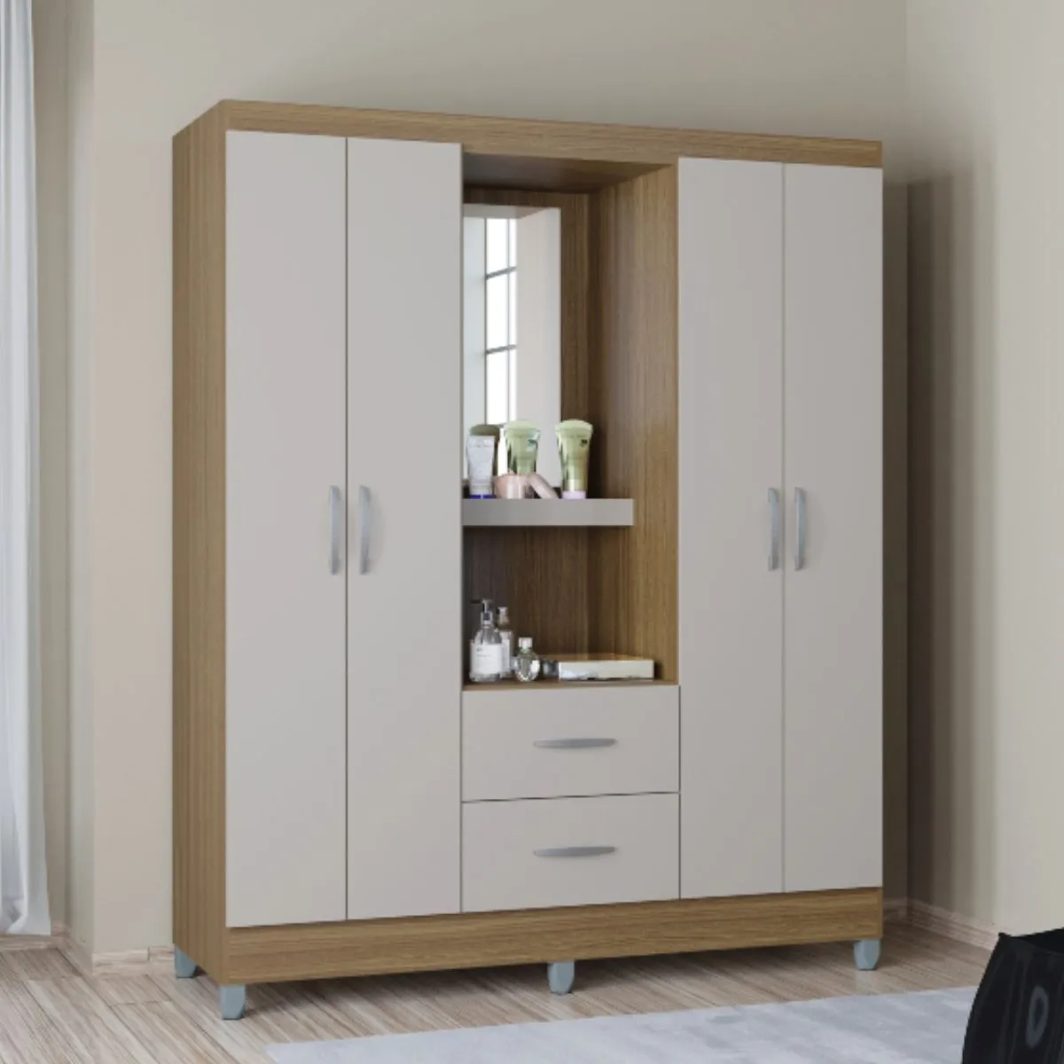 Guarda-Roupa Casal Cordoba Capelinha 4 Portas 2 Gavetas e Espelho Castanho/Off White Poquema