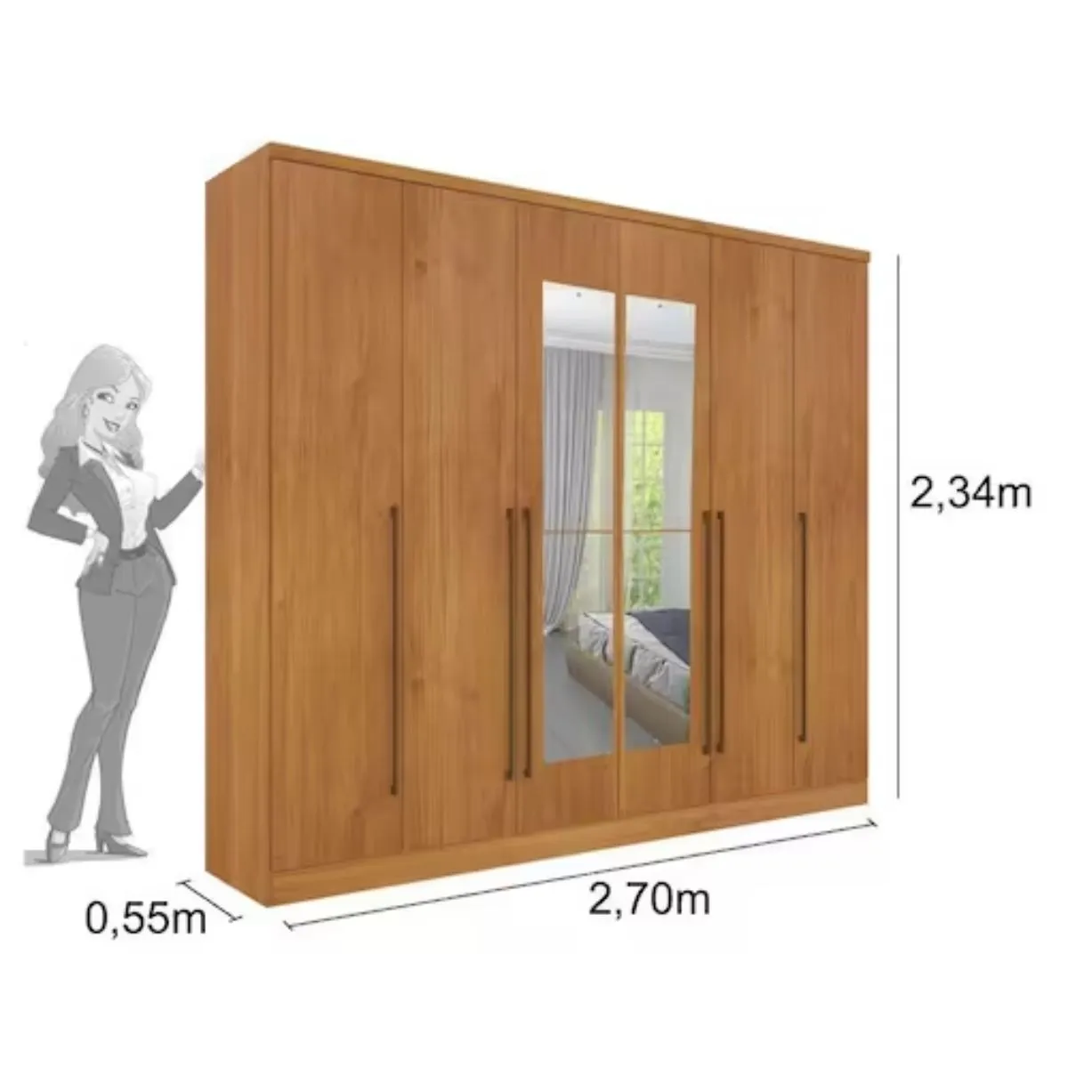 Guarda-Roupa Casal Sevilla Com Espelho 6 portas 8 Gavetas e Pés Cinamomo - TCIL