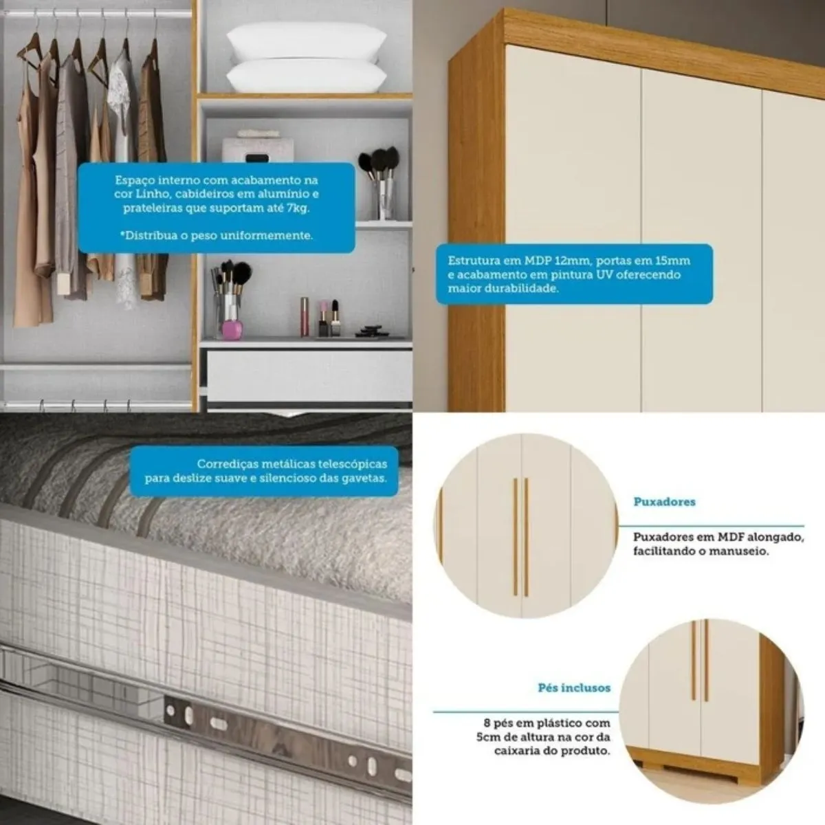 Guarda-Roupa Casal Ágata 6 Portas 3 Gavetas MDP Cinamomo/Off-White