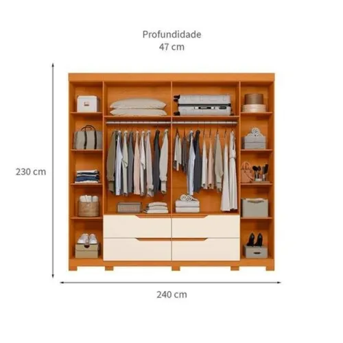 Guarda-Roupa Casal Doble 6 Portas e 4 Gavetas Com Espelhos Cinamomo/Off White Albatroz