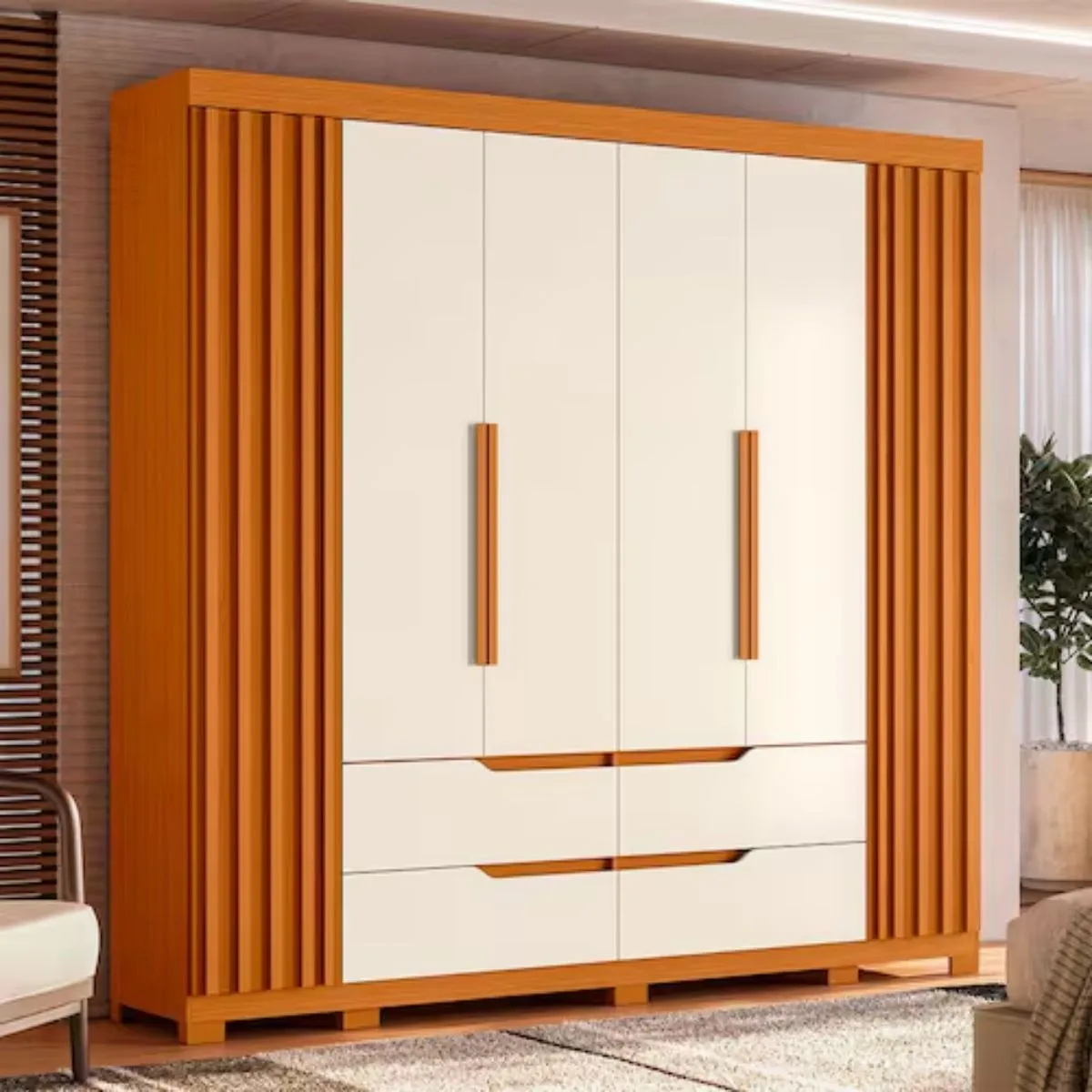 Guarda-Roupa Casal Doble 6 Portas e 4 Gavetas Sem Espelho Cinamomo/Off White