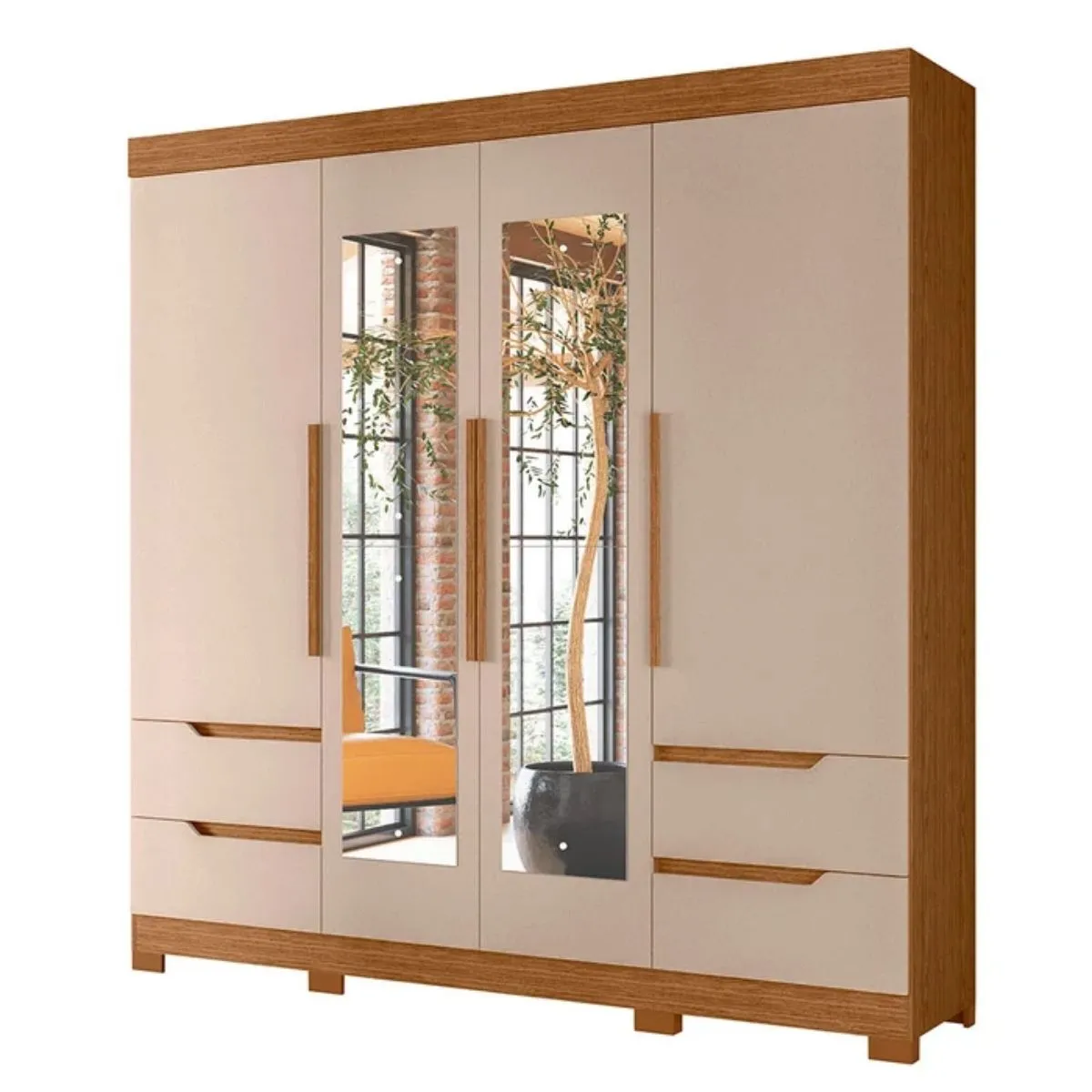 Guarda-Roupa Casal 4 Portas 4 Gavetas Vivacce com Espelho Jatobá/Fendi Metallic