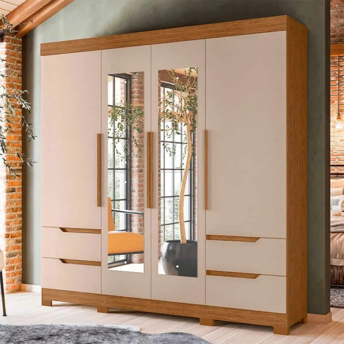 Guarda-Roupa Casal 4 Portas 4 Gavetas Vivacce com Espelho Jatobá/Fendi Metallic