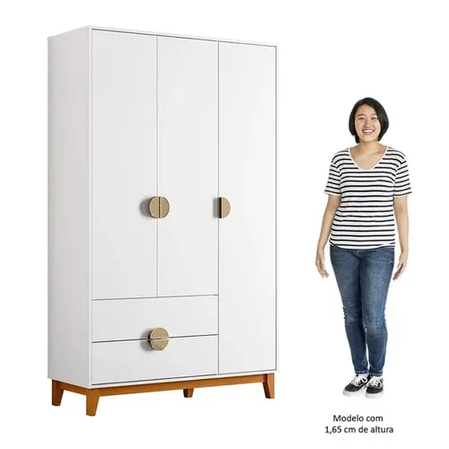 Guarda-Roupa Solteiro Ipê 3 Portas 2 Gavetas Branco Fosco Liso - Albatroz