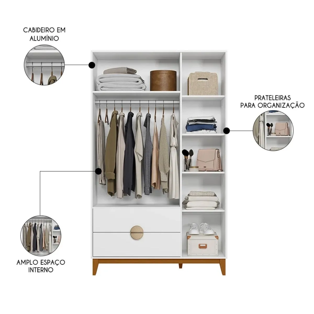 Guarda-Roupa Solteiro Ipê 3 Portas 2 Gavetas Branco Fosco Liso - Albatroz