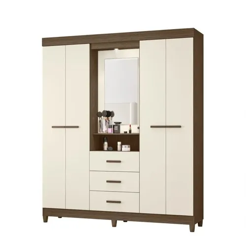 Guarda-Roupa Casal Ágata 04 Portas 3 Gavetas com Espelho Cacau Off White
