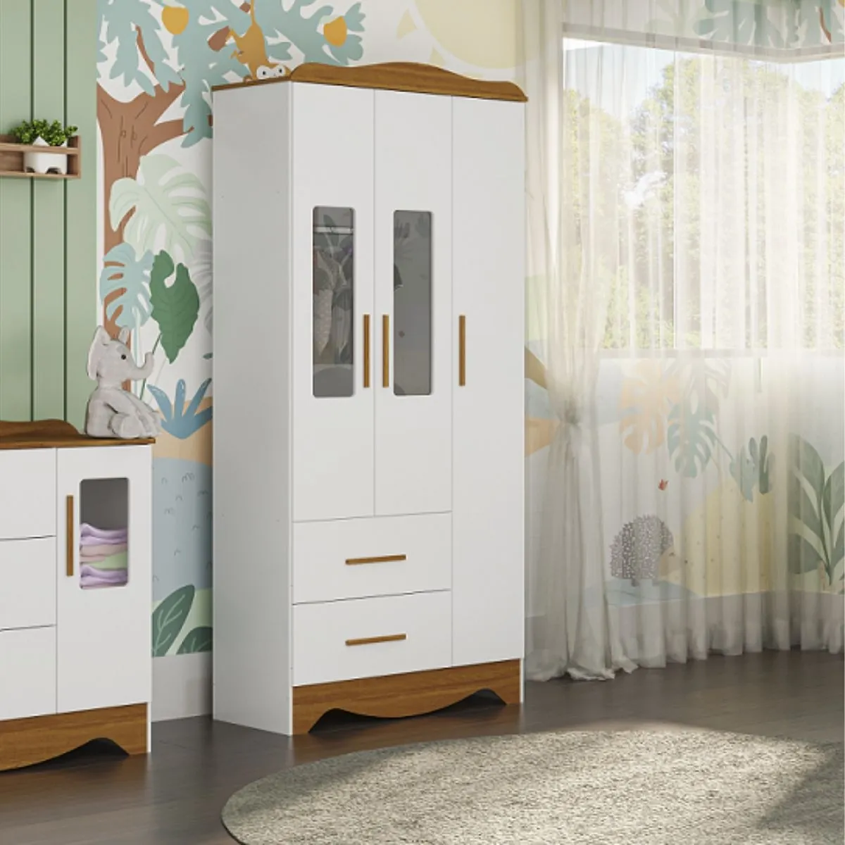 Guarda-Roupa Infantil Provençal Clara 3 Portas 2 Gavetas Branco Brilho/Amêndoa